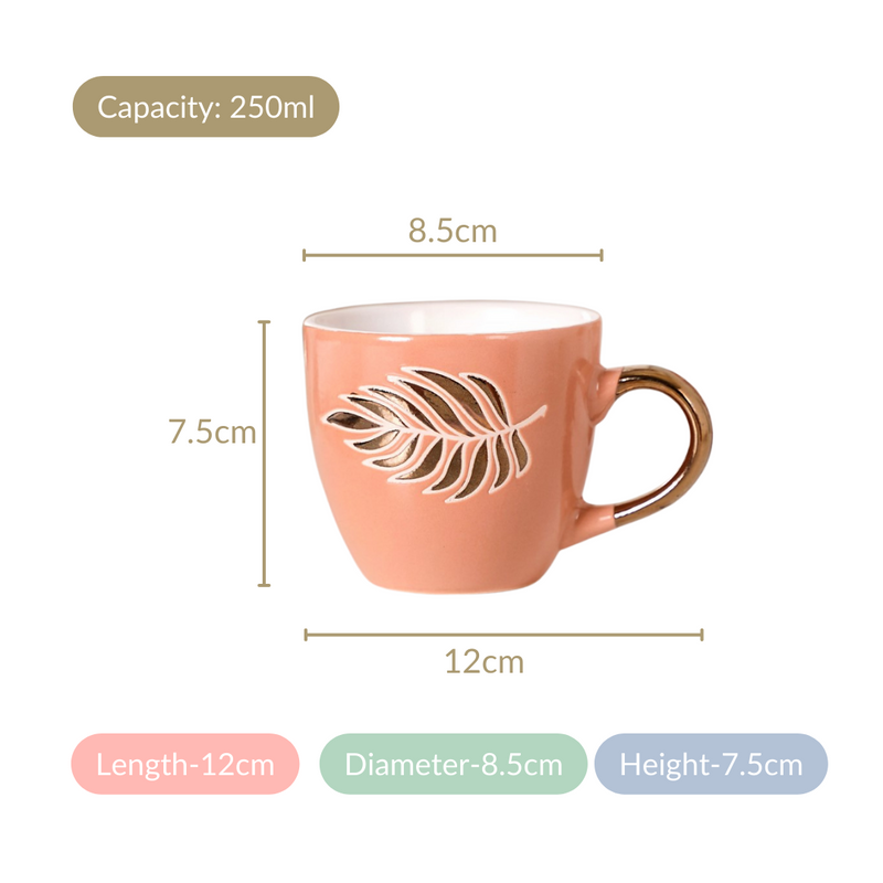 Luxury Leaf Ceramic Tea Cup Set of 6 Peach 250ml - Tea cup set, tea cups, ceramic tea cups, tea cup set of 6