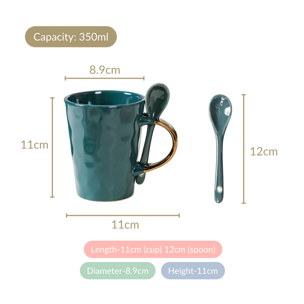 Dark Green Pebbled Coffee Mug Set Of 6 With Spoons 350ml