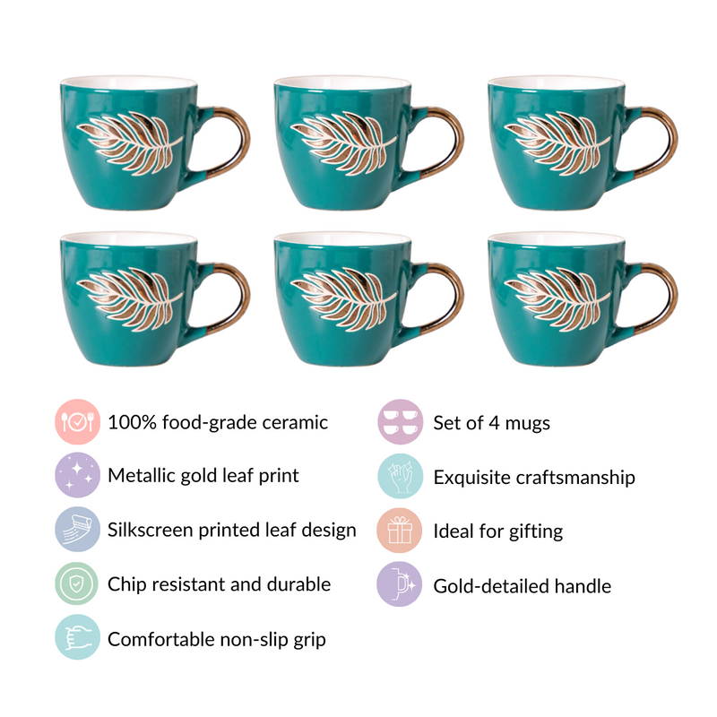Luxe Leaf Green Tea Cup Set Of 6 250ml - Tea cups, tea cup set, ceramic tea cups, printed tea cups, tea cup set of 6, green tea cups
