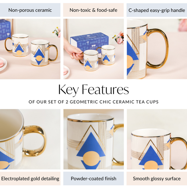 Set Of 2 Geometric Blue Gold Mugs With Gift Box 350ml