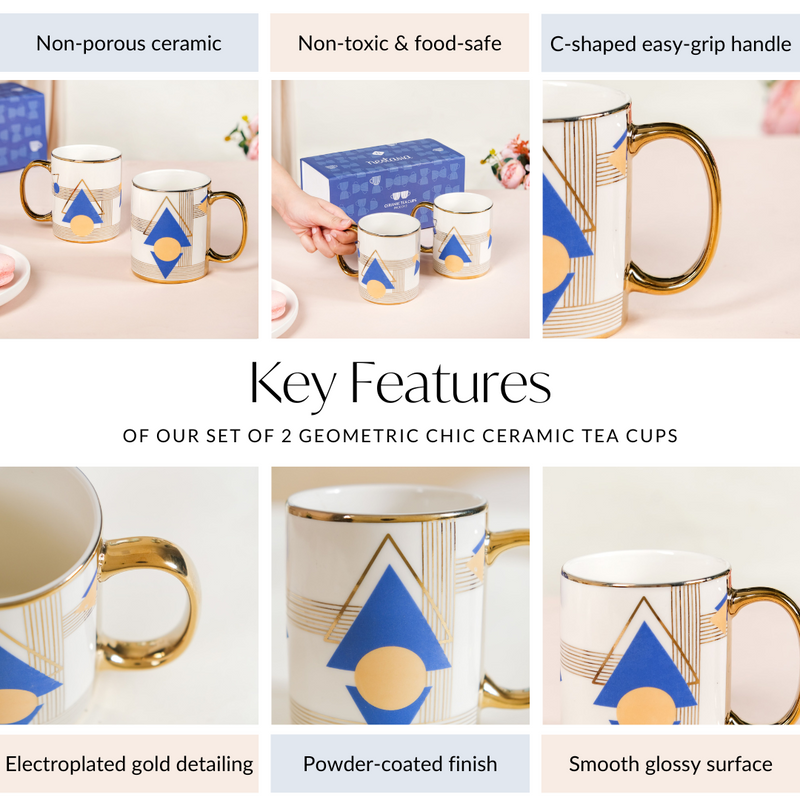 Set Of 2 Geometric Blue Gold Mugs With Gift Box 350ml - Tea cups, tea cup set, ceramic tea cups, tea mugs, printed mugs
