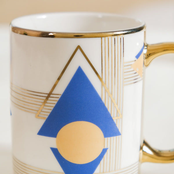 Set Of 2 Geometric Blue Gold Mugs With Gift Box 350ml