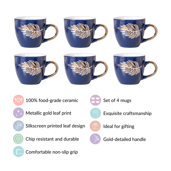 Fern Leaf Coffee Mugs Set Of 6 Navy Blue 250ml