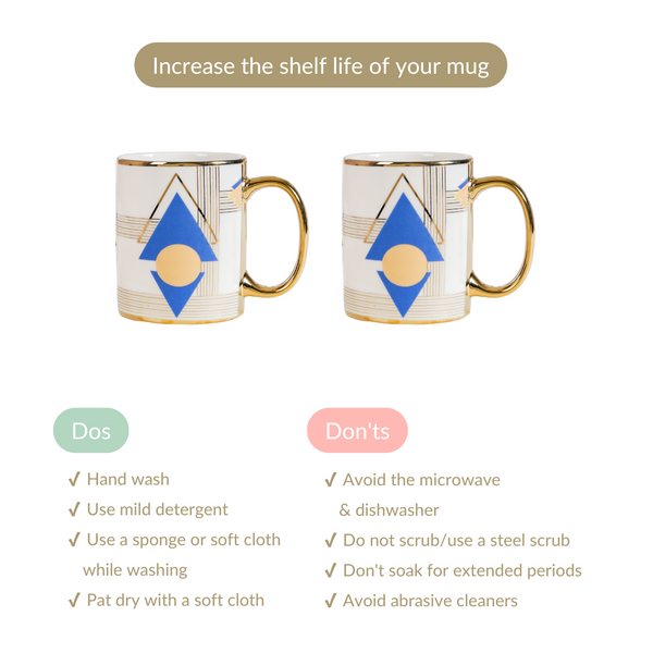 Set Of 2 Geometric Blue Gold Mugs With Gift Box 350ml