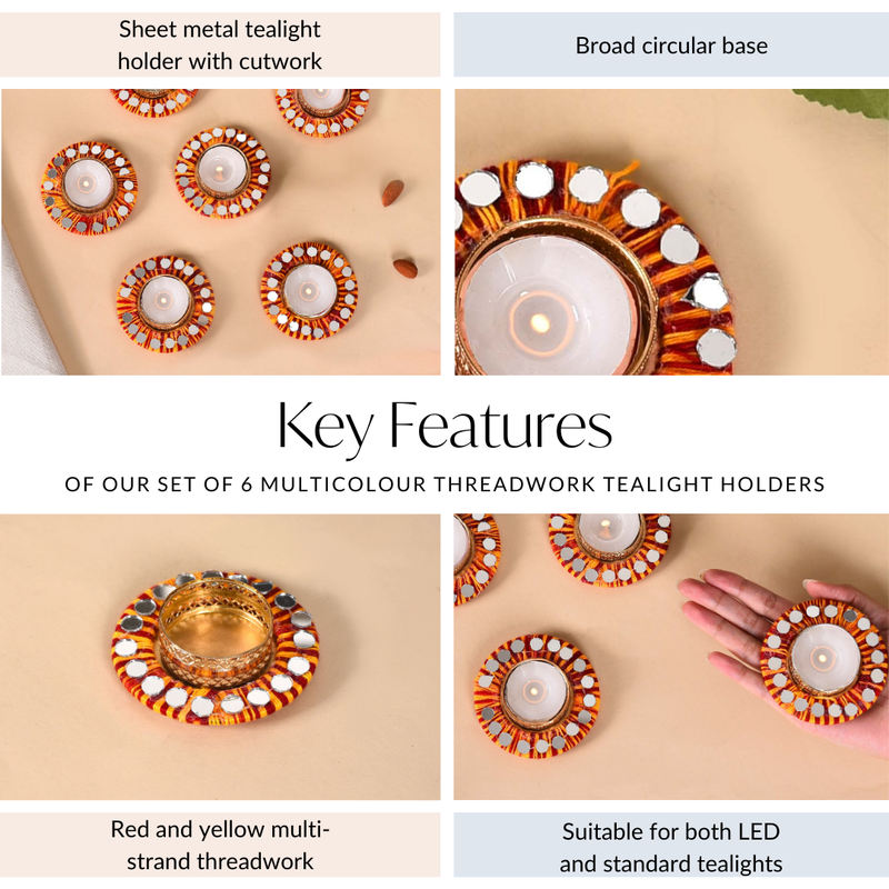 Set Of 6 Multicolour Threadwork Tealight Holders With Mirrorwork