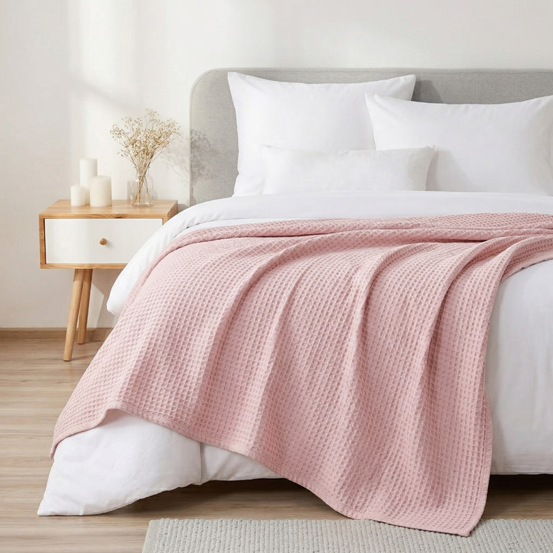 Combed Cotton Waffle Sofa Throw Blanket Pink 220x200cm