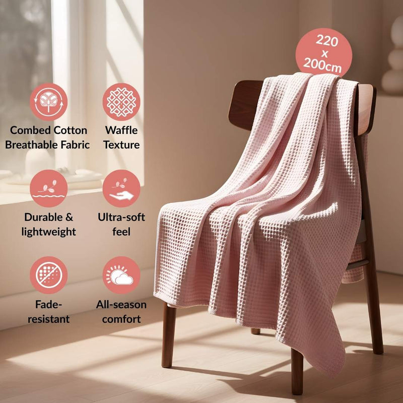 Combed Cotton Waffle Sofa Throw Blanket Pink 220x200cm
