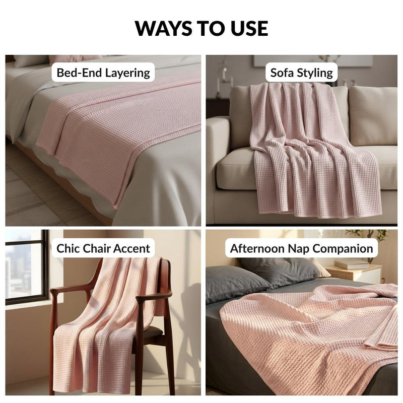 Combed Cotton Waffle Sofa Throw Blanket Pink 220x200cm