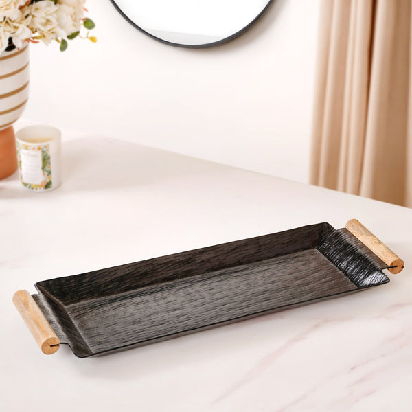 Matte Black Rectangle Metal Tray With Wooden Handle 19x6 Inch