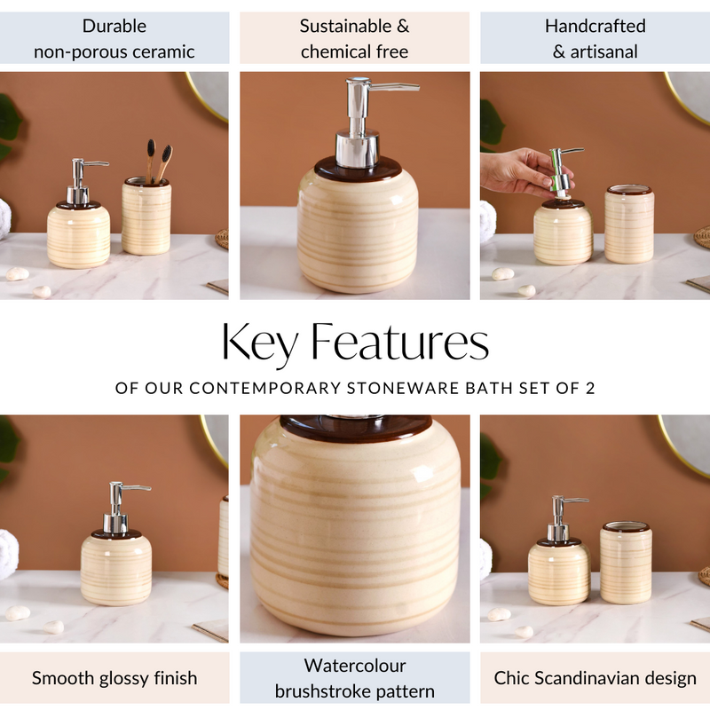 Contemporary Stoneware Bath Set Of 2 Beige And Brown