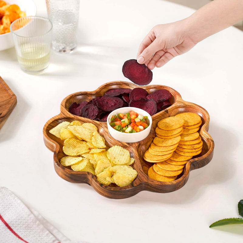 Cosmos 3 Section Snack Platter With Dip Bowl - Compartment plate, snack platter, wooden snack platter, serving platter, charcuterie platter
