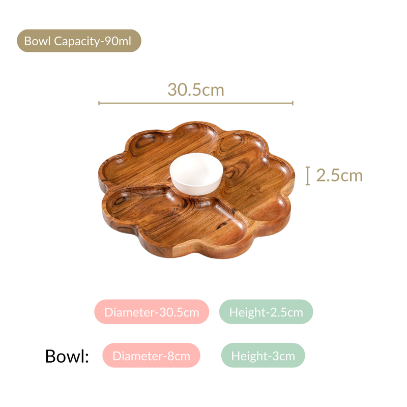 Cosmos 3 Section Snack Platter With Dip Bowl - Compartment plate, snack platter, wooden snack platter, serving platter, charcuterie platter