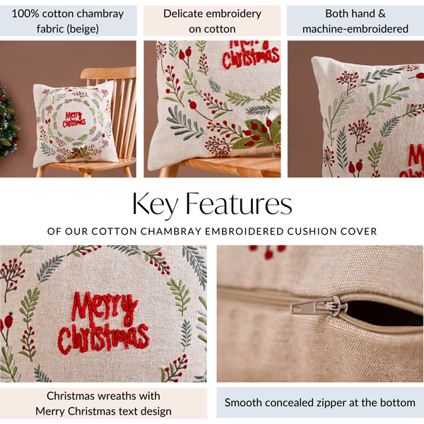 Merry Christmas Wreath Embroidered Cushion Cover 40x40cm