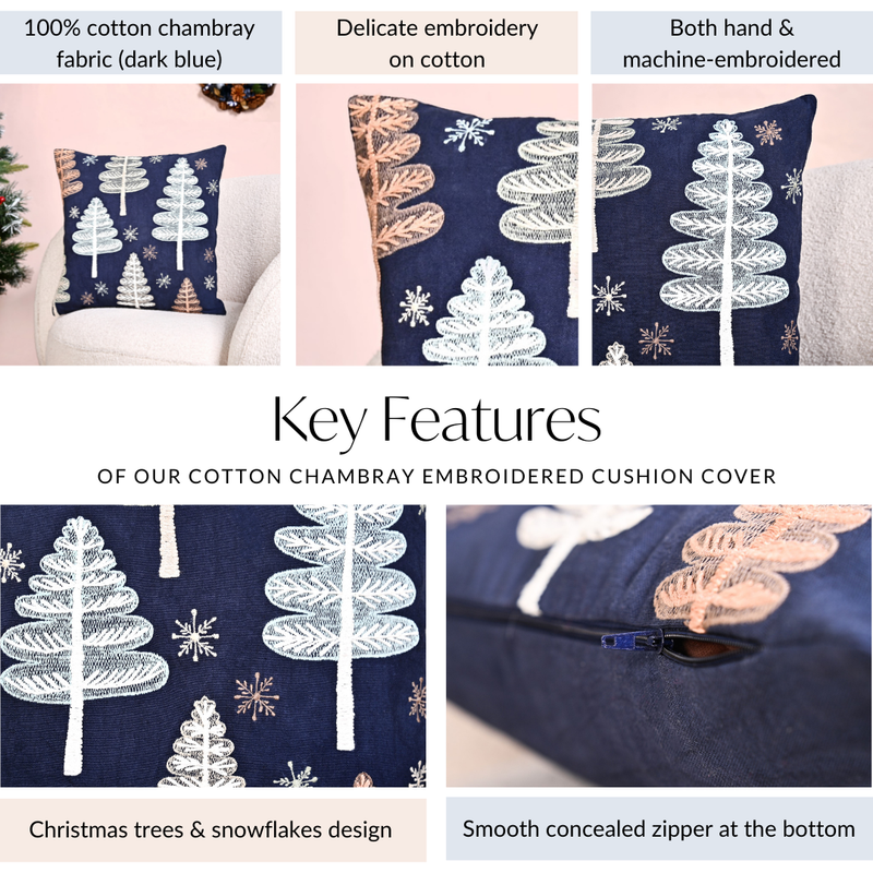 Festive Charm Dark Blue Embroidered Cushion Cover 40x40cm