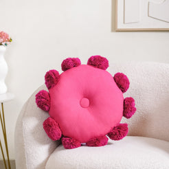 Pink Cotton Cushion With Pom Poms 17x17 Inch