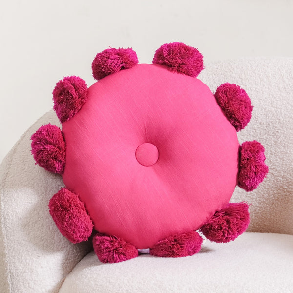 Pink Round Cushion With Pom Poms 17 Inch