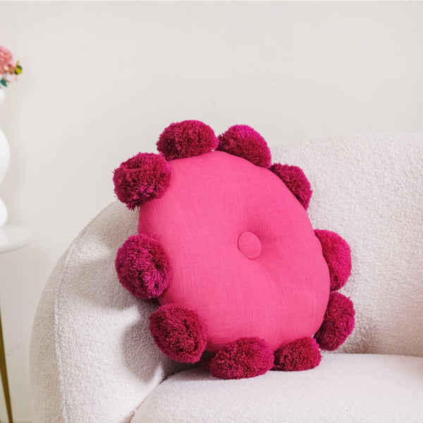 Pink Round Cushion With Pom Poms 17 Inch