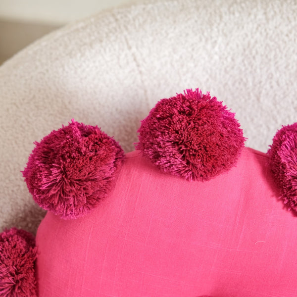 Pink Round Cushion With Pom Poms 17 Inch