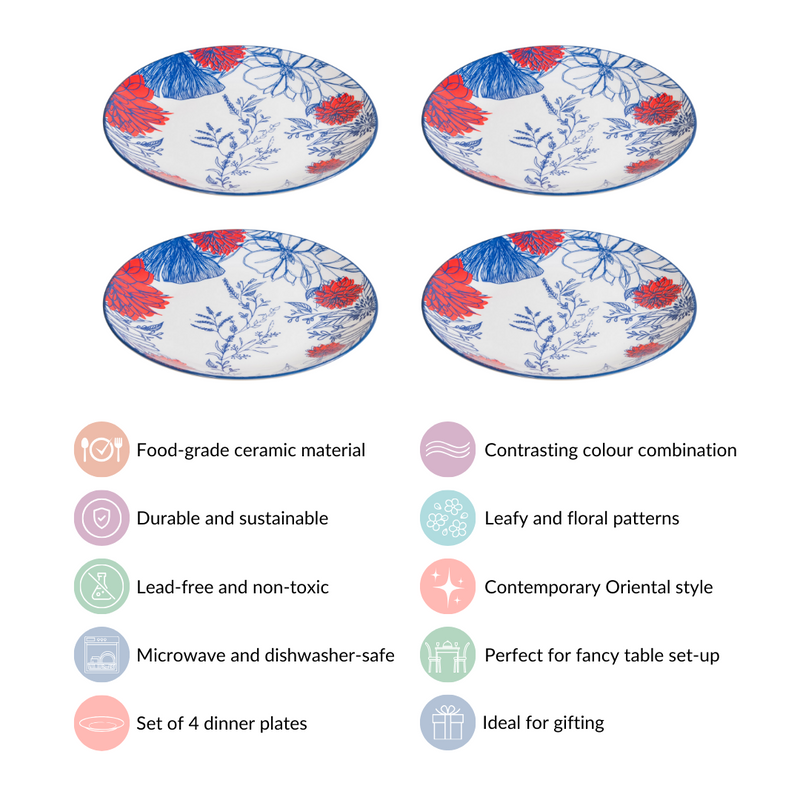 Set Of 4 Floral Ceramic Dinner Plates 10 Inch - Dinner plates, ceramic dinner plates, round plates, dinner plate set