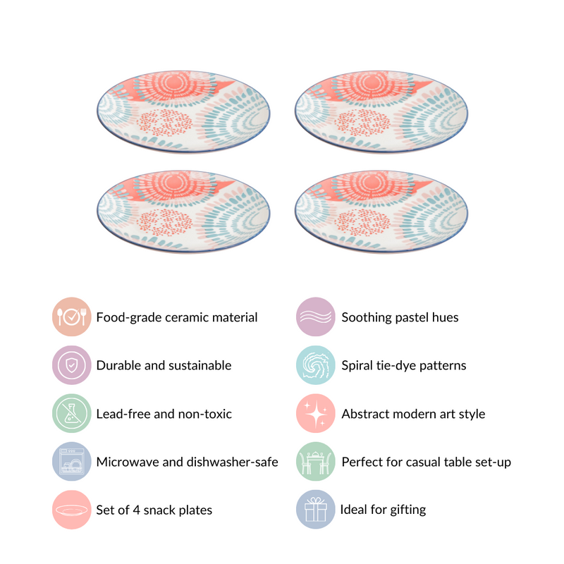 Set Of 4 Pastel Paradise Snack Plates 7 Inch - Snack plates, small plates, ceramic snack plates, side plates, snack plates set