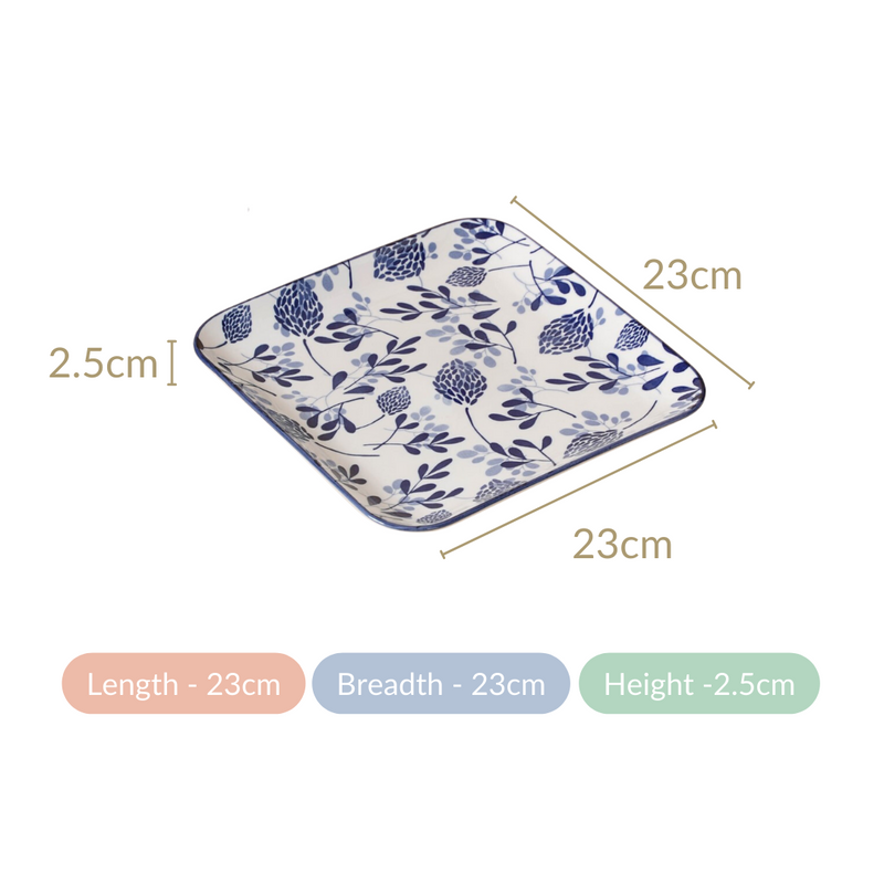 Set Of 4 Blue Ceramic Square Dinner Plates 9x9 Inch - Dinner plates, ceramic plates, ceramic dinner plates, dinner plate set, square plates