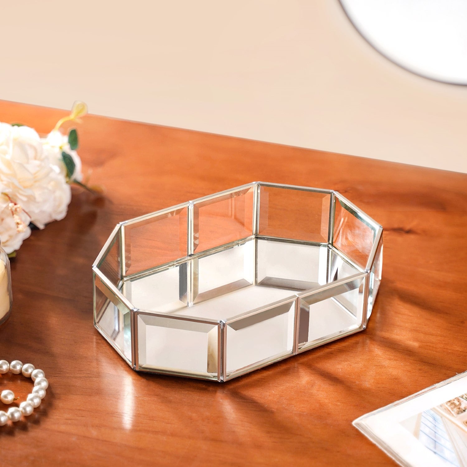 Crystal Mirror Base Vanity Tray Silver Small