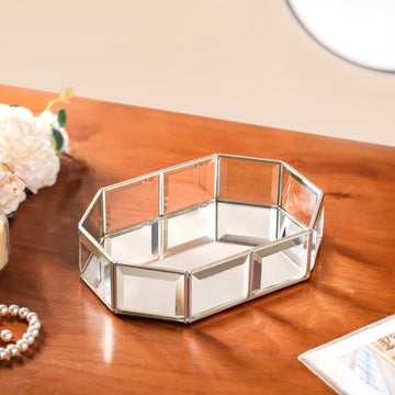 Crystal Mirror Base Vanity Tray Silver Small- Polygon Crystal Vanity Tray, Mirrored Base Tray, Silver Vanity Tray, Decorative Crystal Tray