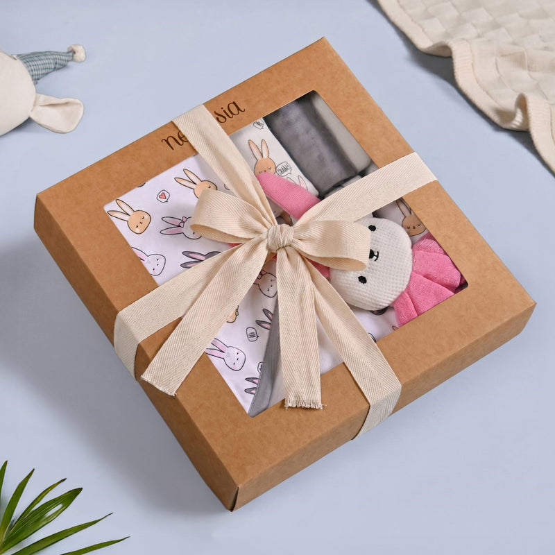 Cuddle Bunny Baby Hamper With Swaddle Towel Napkin Rattle Set Of 6