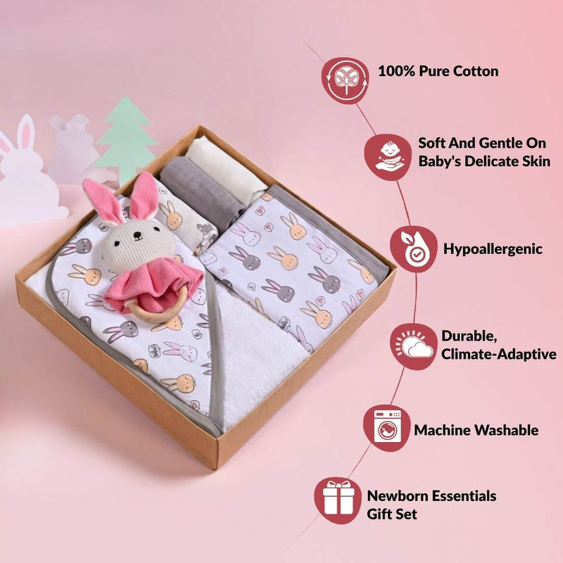 Cuddle Bunny Baby Hamper With Swaddle Towel Napkin Rattle Set Of 6