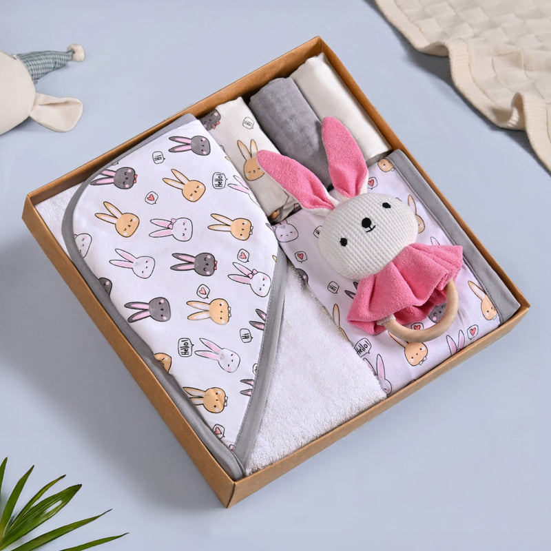 Cuddle Bunny Baby Hamper With Swaddle Towel Napkin Rattle Set Of 6