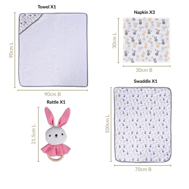 Cuddle Bunny Baby Hamper With Swaddle Towel Napkin Rattle Set Of 6
