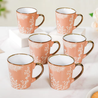 Pastel Peach Leaf Latte Mug Set of 6 200ml - Tea cups, tea cup set, ceramic tea cups, printed tea cups, tea cup set of 6