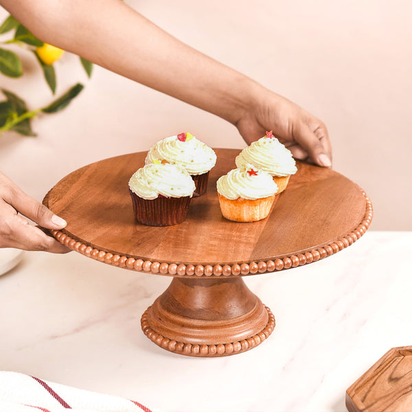 Natural Acacia Wood Beaded Cake Stand 13 Inch