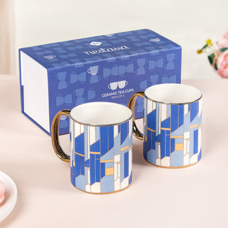 Set Of 2 Blue Gold Tea Cups With Gift Box 350ml - Tea cup set, coffee cup set, tea cups, coffee cups, ceramic tea cups