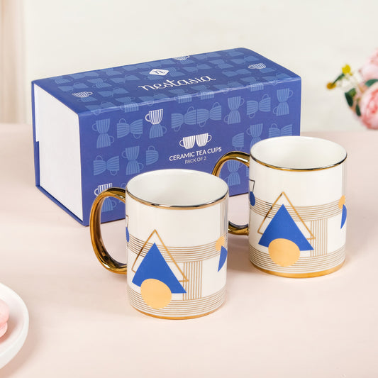 Set Of 2 Geometric Blue Gold Mugs With Gift Box 350ml - Tea cups, tea cup set, ceramic tea cups, tea mugs, printed mugs