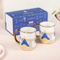 Set Of 2 Geometric Blue Gold Mugs With Gift Box 350ml - Tea cups, tea cup set, ceramic tea cups, tea mugs, printed mugs