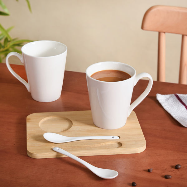 Coffee Mugs And Spoons With Wooden Tray For Two 350ml