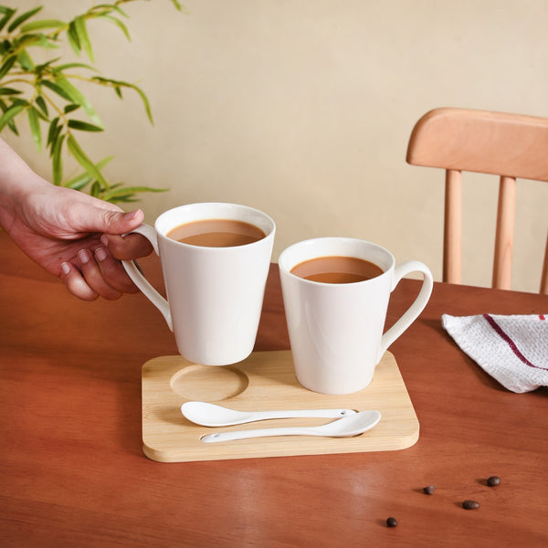 Coffee Mugs And Spoons With Wooden Tray For Two 350ml