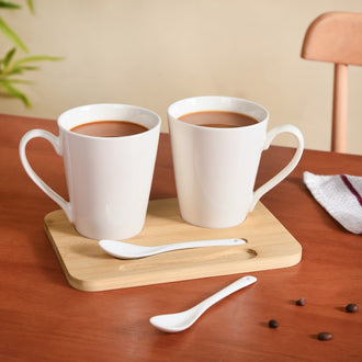 Set Of 4 Ceramic Coffee Mugs And Spoons With Wooden Tray 350ml