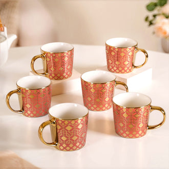 Emirati Gold Teacup Set of 6 Coral Pink 280ml - Coffee mugs, ceramic mug set, coffee mug set, printed coffee mugs, metallic mugs