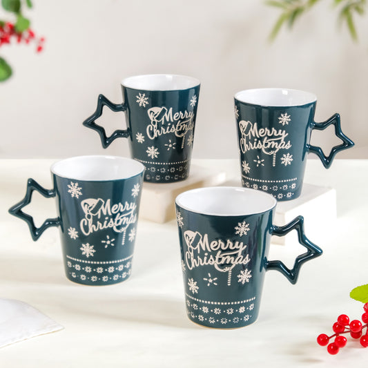 Merry Christmas Set Of 4 Cups With Star Handle Green 300ml - Coffee mugs, ceramic mug set, coffee mug set, christmas mugs