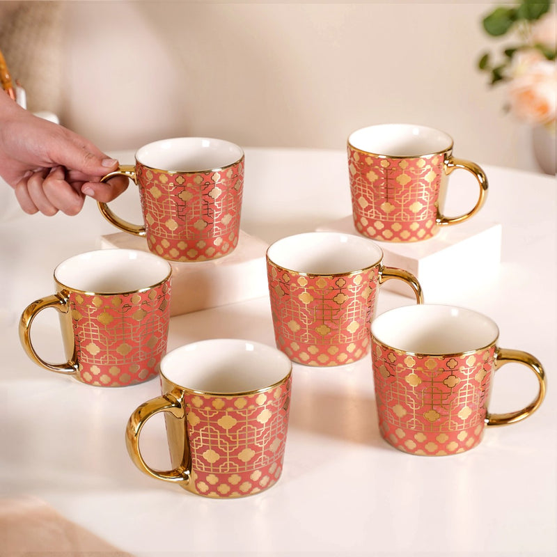 Emirati Gold Teacup Set of 6 Coral Pink 280ml - Coffee mugs, ceramic mug set, coffee mug set, printed coffee mugs, metallic mugs