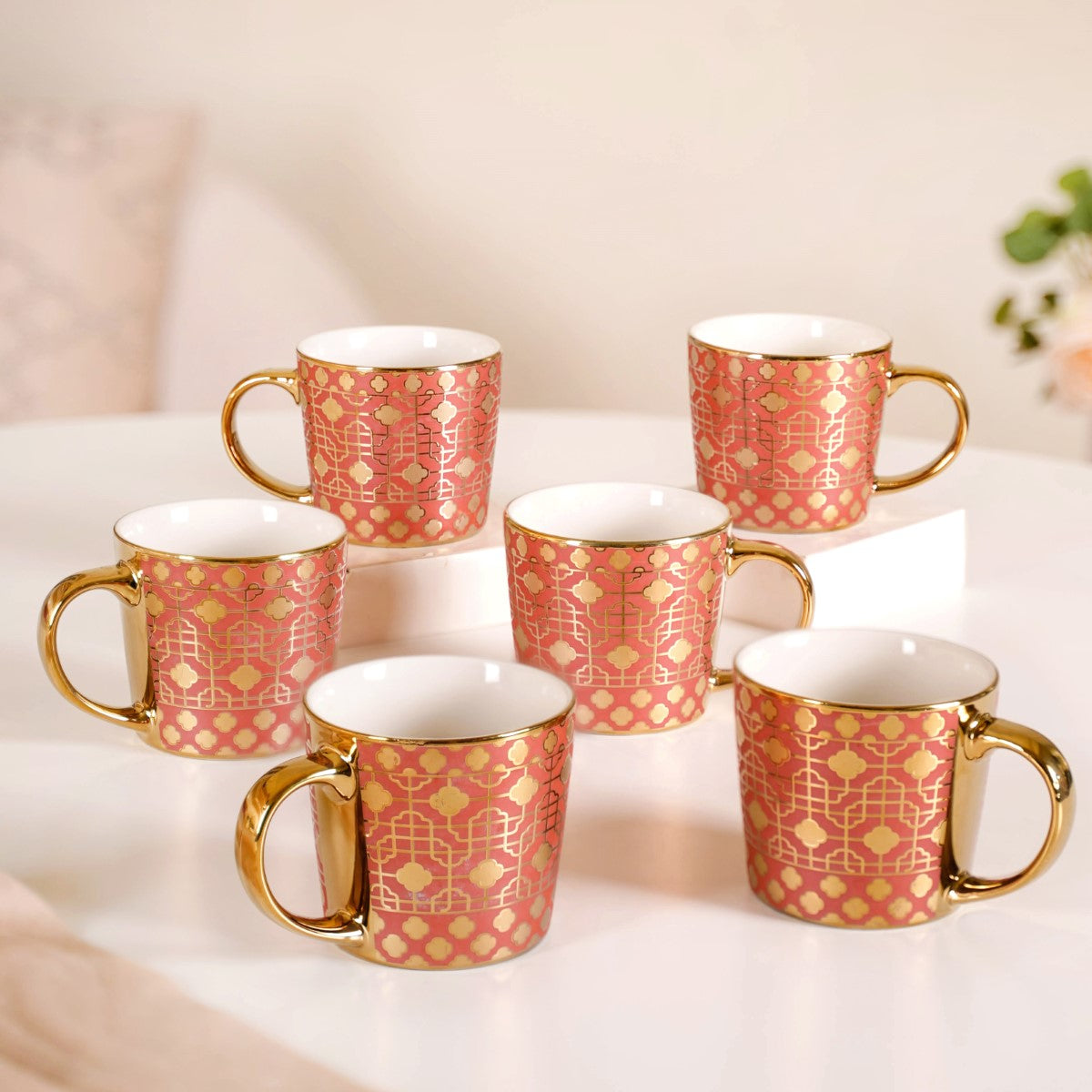 Set Of 6 Floral Patterned Coffee Mug Grey 350ml