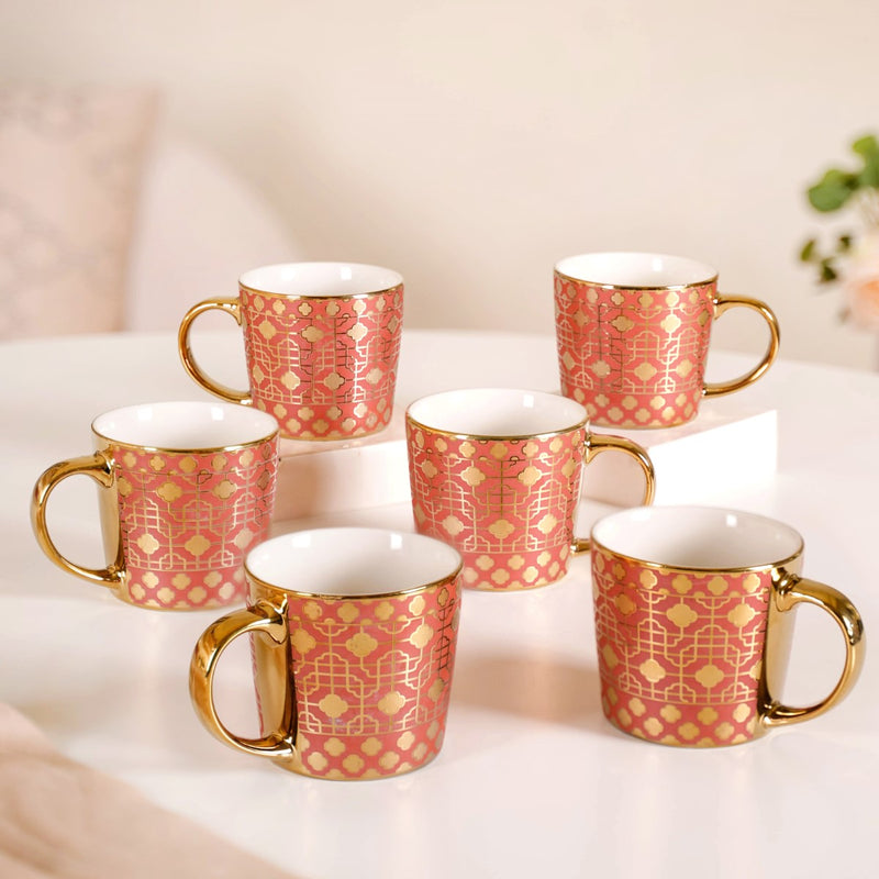 Emirati Gold Teacup Set of 6 Coral Pink 280ml - Coffee mugs, ceramic mug set, coffee mug set, printed coffee mugs, metallic mugs