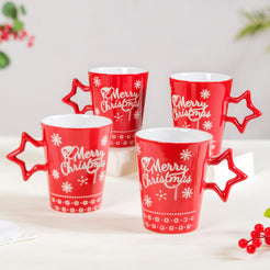 Merry Christmas Set of 4 Cups With Star Handle Red 300ml - Coffee mugs, ceramic mug set, coffee mug set, christmas mugs