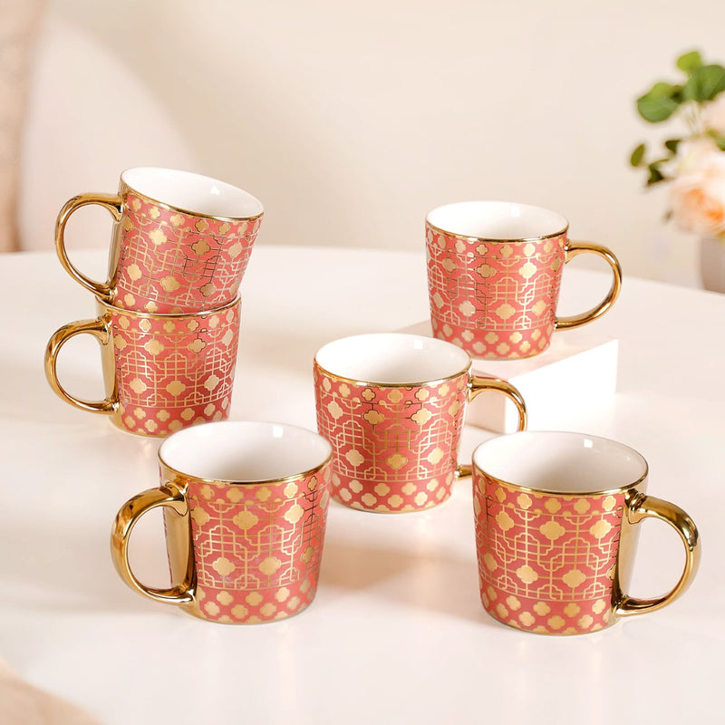 Emirati Gold Teacup Set of 6 Coral Pink 280ml - Coffee mugs, ceramic mug set, coffee mug set, printed coffee mugs, metallic mugs