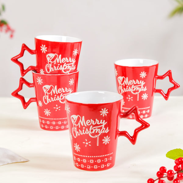 Merry Christmas Set of 4 Cups With Star Handle Red 300ml