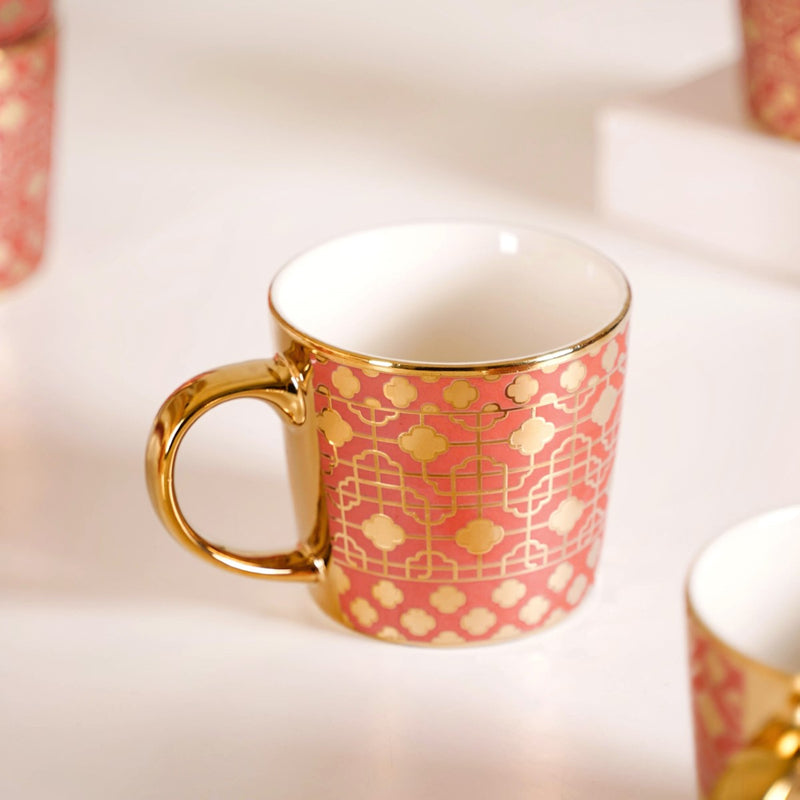 Emirati Gold Teacup Set of 6 Coral Pink 280ml - Coffee mugs, ceramic mug set, coffee mug set, printed coffee mugs, metallic mugs