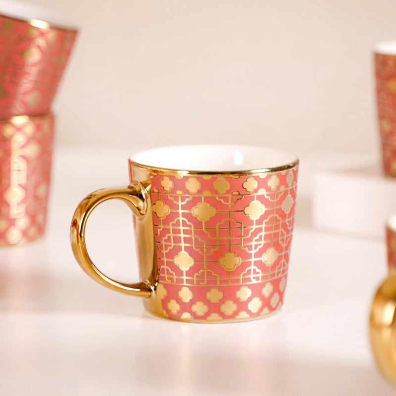 Emirati Gold Teacup Set of 6 Coral Pink 280ml - Coffee mugs, ceramic mug set, coffee mug set, printed coffee mugs, metallic mugs