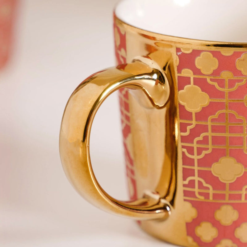 Emirati Gold Teacup Set of 6 Coral Pink 280ml - Coffee mugs, ceramic mug set, coffee mug set, printed coffee mugs, metallic mugs